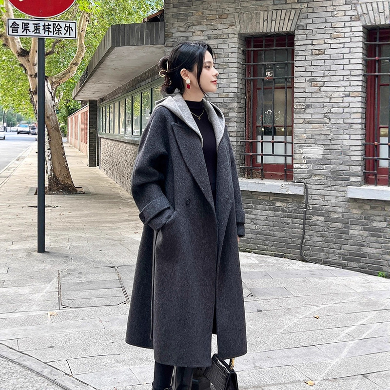 Smoke Gray Double-Sided Cashmere Coat for Women, Mid-Length, 2025 Autumn and Winter New Style, Korean Style Loose High-End Woolen Coat