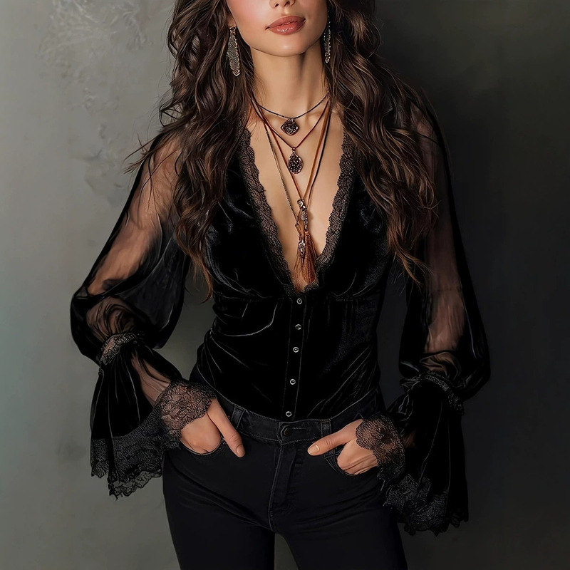Independent Brand 2026 Summer New Collection Women's Elegant Gothic Style Party Transparent Mesh Lace V-Neck Top Independent Brand 2026 Summer New Collection Women's Elegant Gothic Style Party Transparent Mesh Lace V-Neck Top