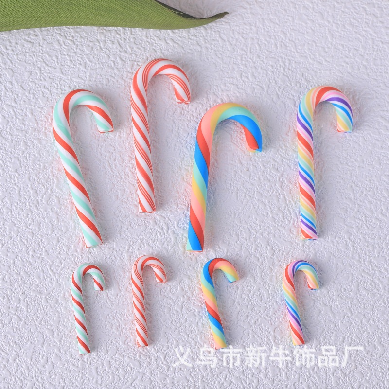 跨境热销大小号软陶圣诞拐杖 diy饰品配件彩虹糖挂件手工材料批发