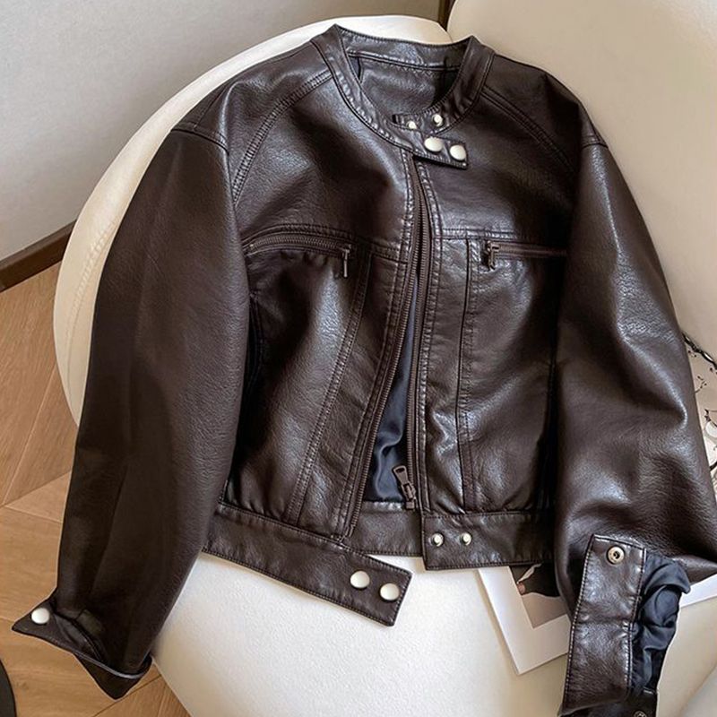 Spring and Autumn Leather Jacket Women's 2025 New Hong Kong Style Retro Pu Short Motorcycle Jacket for Small People Loose Leather Jacket