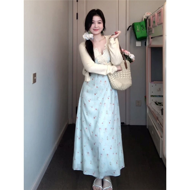 套装女2025早秋新款纯欲风蕾丝碎花吊带连衣裙收腰防晒长袖开衫|undefined