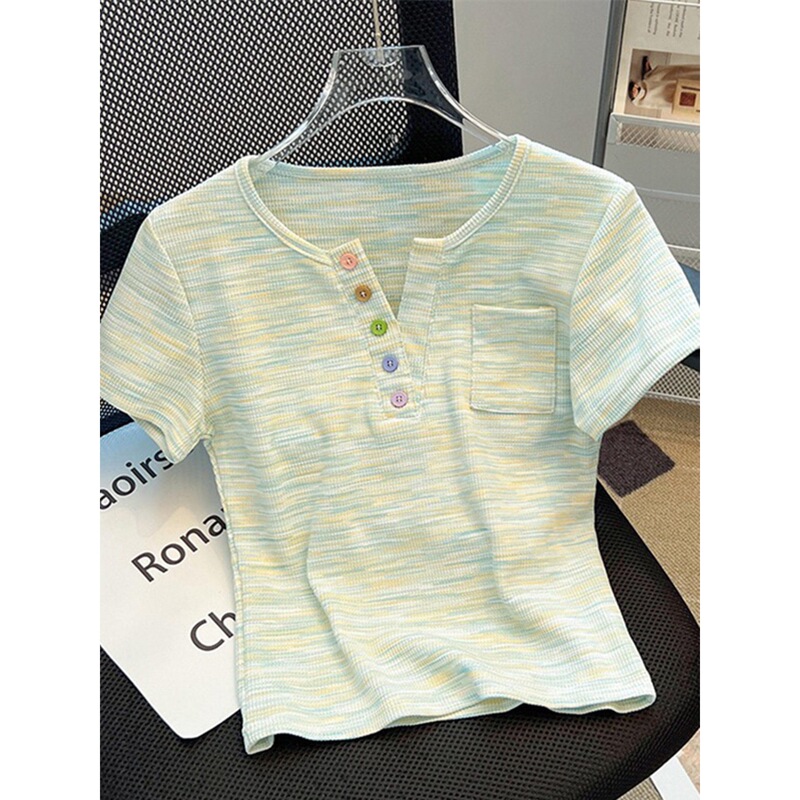 Korean-Style Dopamine Striped Colorful Button V-Neck Short-Sleeve T-Shirt for Women, Summer Trendy Youthful Slim-Fit Top