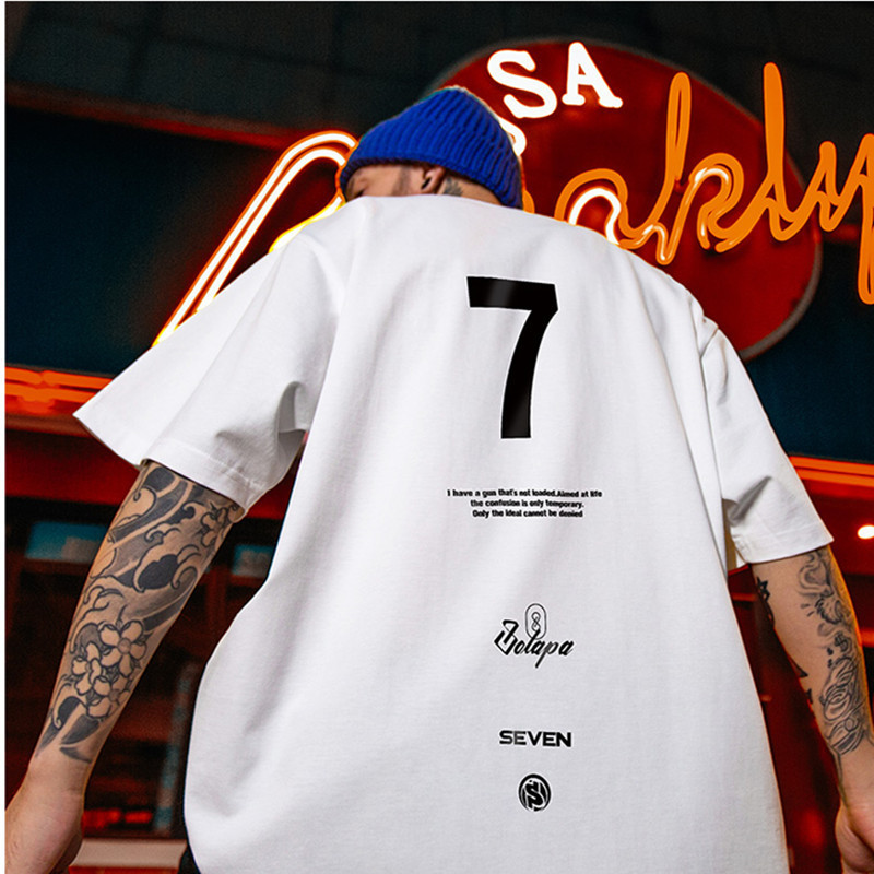 European and American Street Fat Hip Hop Trendy Brand No. 7 Short-sleeved T-shirt Men's Loose Trendy Large Size Men's Plus Size ins Half-sleeved