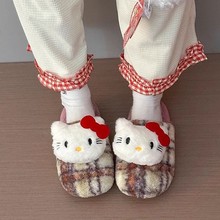 新款可爱猫猫卡通格子毛毛拖鞋女室内外防滑包头棉拖冬季拖鞋居家