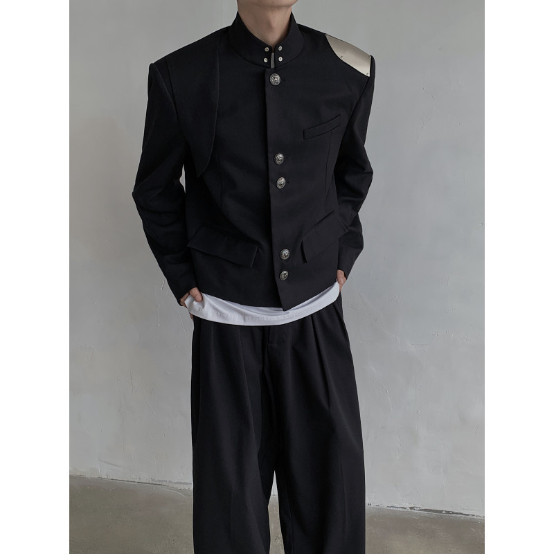 Exquisite Designer-Style High-End Niche Metal Shoulder Patch Retro Zhongshan-Style Men's Stand-Collar Short Jacket