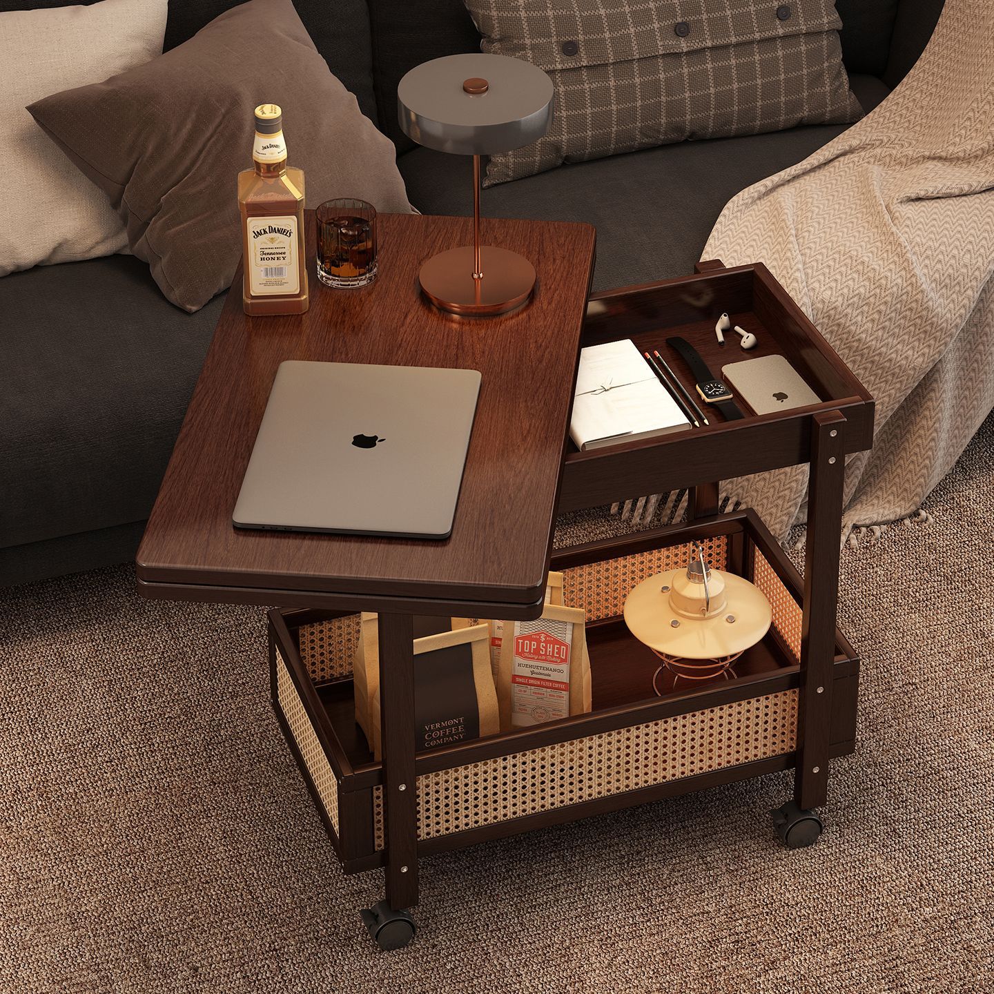 Multi-Purpose Foldable Table Storage Rack Integrated Trolley Home Living Room Solid Wood Multi-Layer Removable Storage Rack