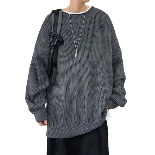 Round Neck Solid Color Men's Autumn/Winter Loose Korean Style Thick Wool Sweater Casual Personality Base Knit Top for Men