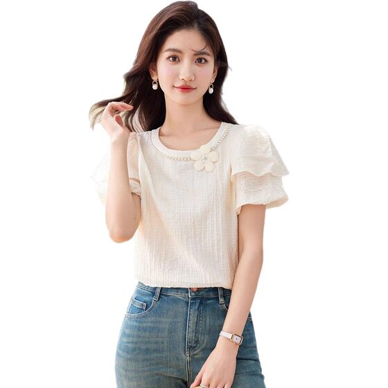 Summer Chiffon Short-sleeved T-shirt Women's Summer 2025 New French Style Age-reducing Puff Sleeve Top Design Chic