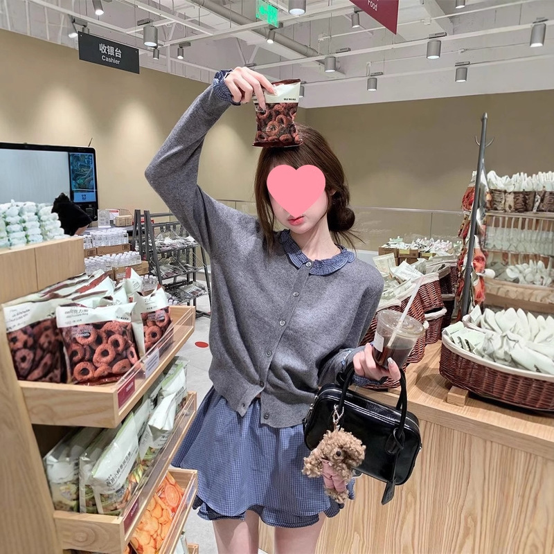 秋季新款韩系设计感百搭长袖针织开衫格纹连衣裙时尚套装女潮俩俩|undefined