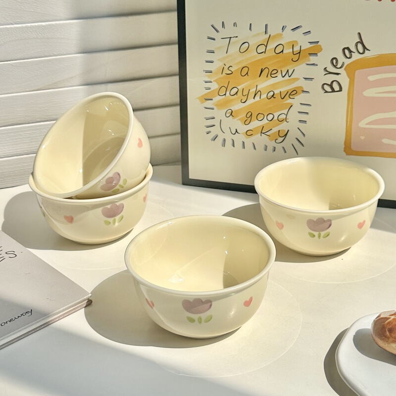 Creamy Tulip Ins-Style Cute Ceramic High-Appearance Rice Bowl Tableware Set for Home, Dessert, Dormitory, Colorful Set for Girls Creamy Tulip Ins-Style Cute Ceramic High-Appearance Rice Bowl Tableware Set for Home, Dessert, Dormitory, Colorful Set for Girls