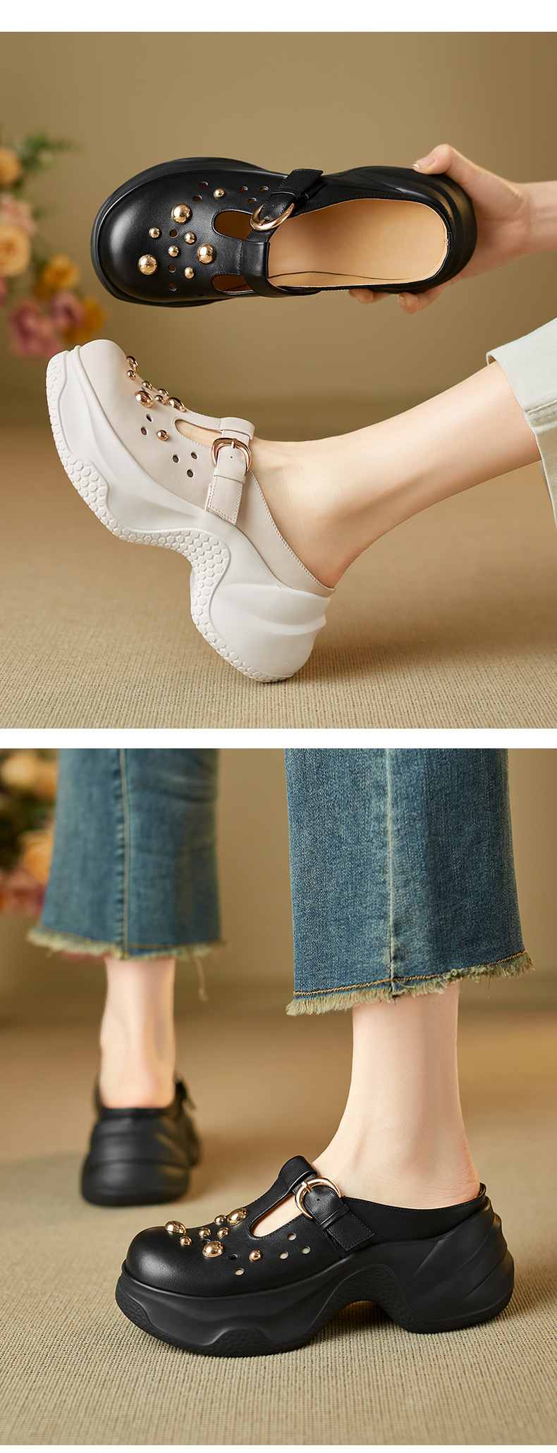 Dép sandal nữ quai chữ V đế dày bít mũi phong cách trẻ trung — đen chi tiết 3