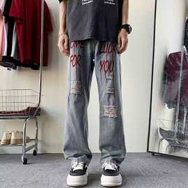 潮牌复古印花破洞牛仔裤男春秋美式vibe裤子痞帅宽松高街直筒长裤