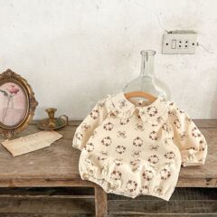 韓版春秋女童寶寶可愛熊印花翻領哈衣ins新生兒純棉百搭三角爬服
