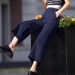 女性用ネイビーブルー速乾ワイドレッグパンツ、夏用薄手ハイウエストルーズカジュアル9点パンツ、アウターストレートスーツパンツ