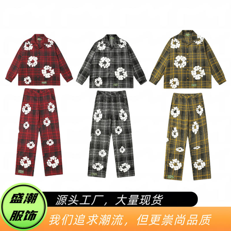 跨境潮牌新款denim（ 全系列）木棉花发泡印花新款格子长袖长款套