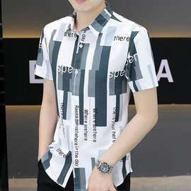 短袖衬衫男士休闲薄款潮流修身帅气半袖T恤印花寸衣服夏季衬衣男
