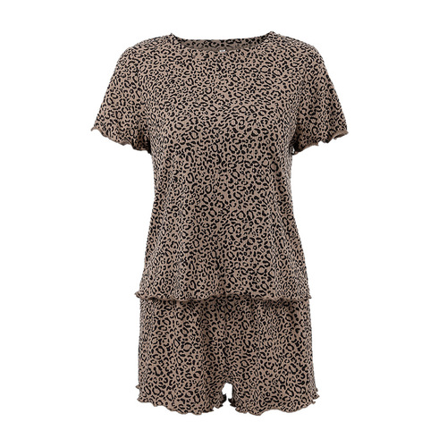 2025 women's European and American fashion printed leopard print home wear summer round collar short sleeve shorts pajamas can be wholesale across borders