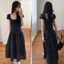 现货 韩国chic 复古少女 法式方领深蓝绿格纹后绑带泡泡袖连衣裙