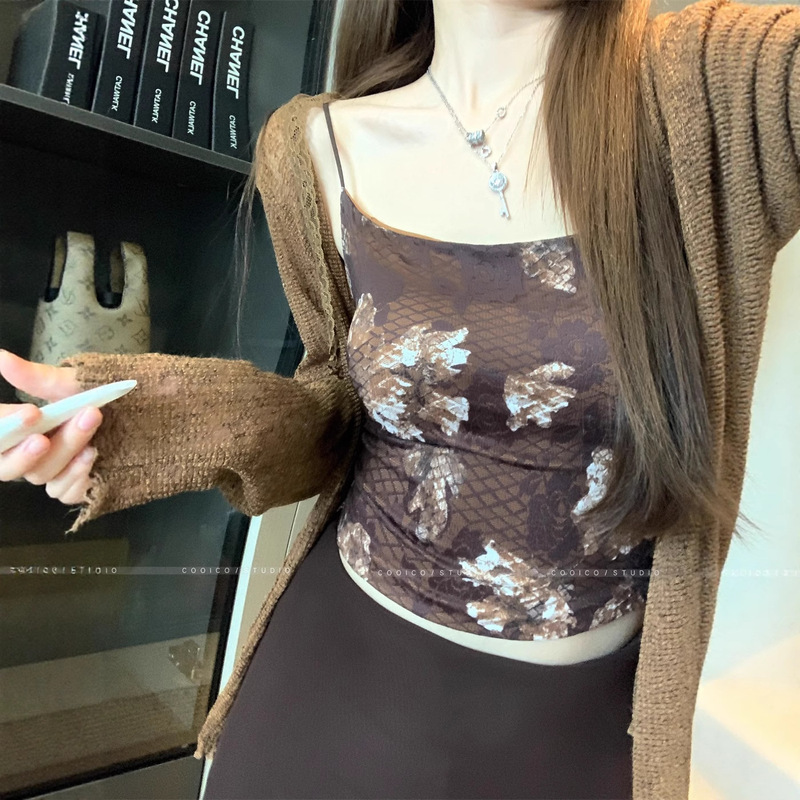 适美2025秋季复古薄款开衫外套内搭碎花吊带女装高腰半身裙三件套|undefined