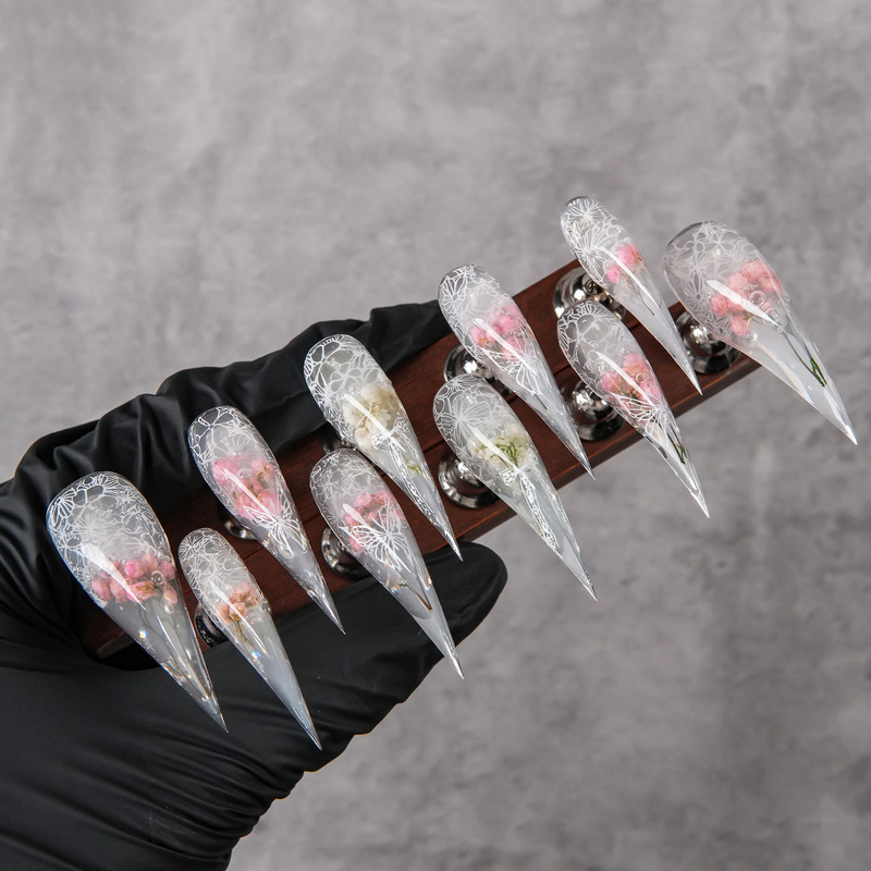 Icy Transparent Lace Dried Flower Dragon Claw Press-On Nails Sharp and Long Animal Claw False Nails Niche High-End Handmade Nails Icy Transparent Lace Dried Flower Dragon Claw Press-On Nails Sharp and Long Animal Claw False Nails Niche High-End Handmade Nails