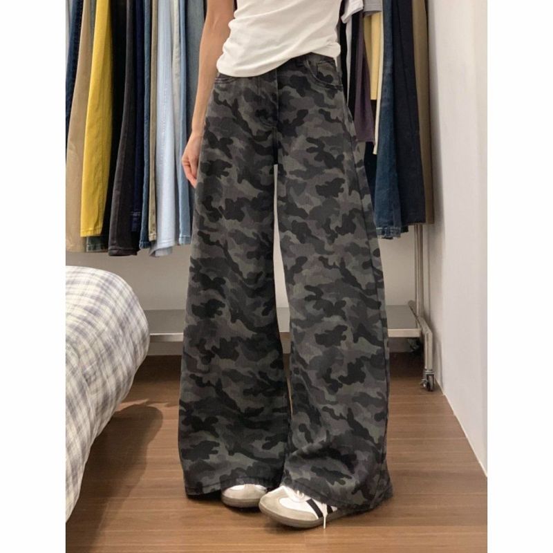 アメリカンスタイルの多用途レトロ迷彩ジーンズ女性の新しいハイウエストストレートスリムルーズワイドレッグワークウェアフロアモップパンツ|undefined