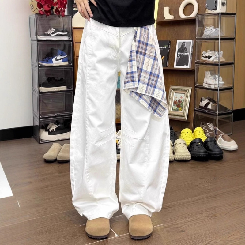 White Curved Knife Jeans for Men, Summer Thin Baggy Style Loose Wide-Leg Sickle Pants with Scarf Decoration