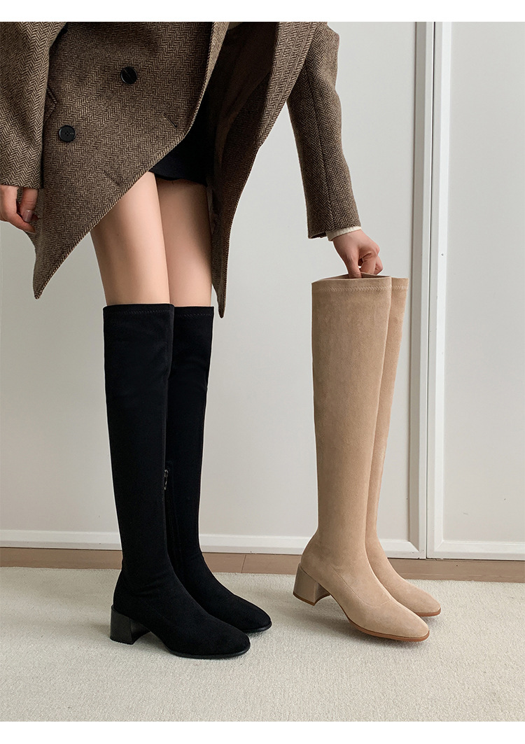 Boot nữ cổ cao ôm chân co giãn da lộn gót cao 9 cm — đen, mơ chi tiết 29