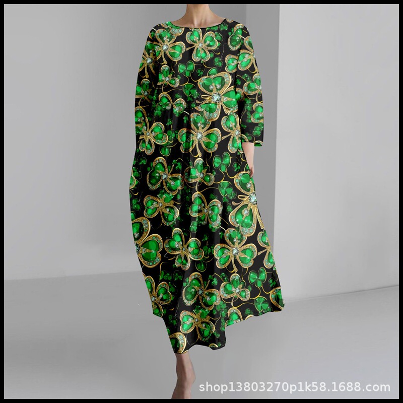 2025 Cross-Border Women's Casual Three-Quarter Sleeve Dress with St. Patrick's Theme Clover 3D Print for Summer