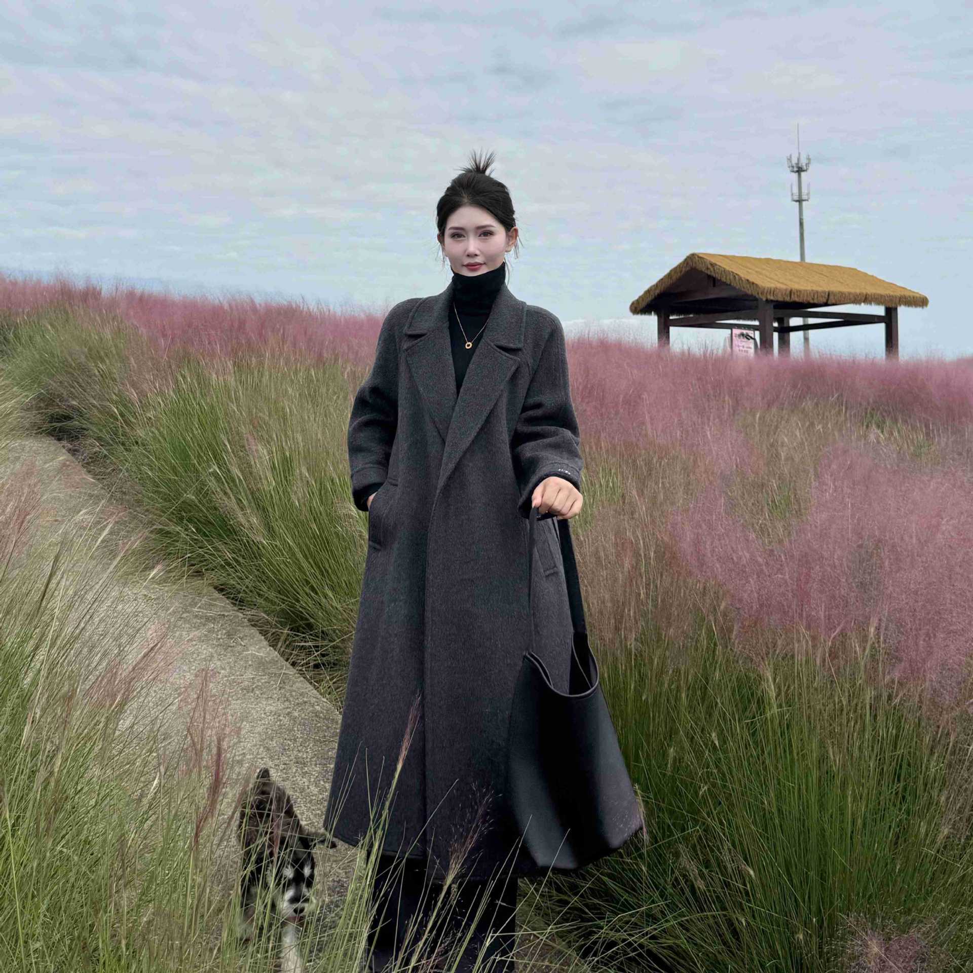 Double-Sided Sheep Wool Coat 2025 Trendy Korean Style Loose Long High-End Gray Elegant Slimming Large Lapel