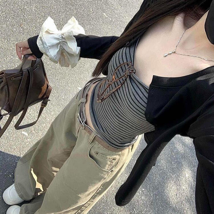 Korean-Style Striped Camisole Hot Girl Outfit for Women, Autumn Fashion, Stylish Long-Sleeve Cardigan, Short Jacket Two-Piece Set