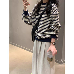 复古条纹圆领卫衣女2025早秋新款慵懒风宽松休闲显瘦长袖针织上衣