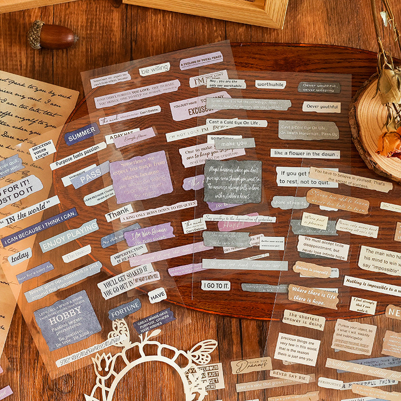 Retro viejo tiempo transparente pet pegatinas impermeables citas en inglés transfronterizo libro de bricolaje decoración creativa pegatinas de collage