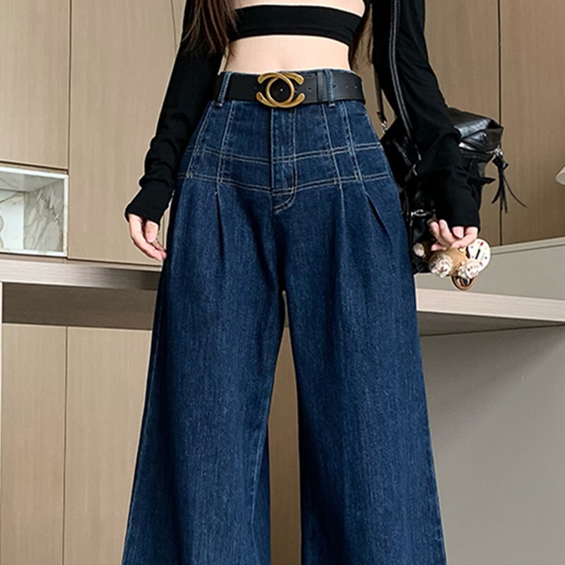 Oversize Design Pleated Waist Denim Wide Leg Pants New Autumn and Winter Slimming All-match High Waist Loose Straight Leg Pants