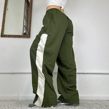 休闲裤女夏个性街头新品条纹撞色基础显瘦直筒裤系带松紧腰梭织裤
