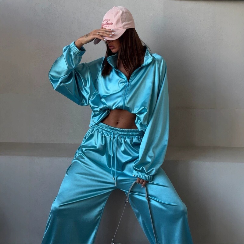 Two-Piece Short Set for Women: Stand-Collar Cardigan and Satin Street-Style Loose Pants in Solid Color, Sporty European and American Style