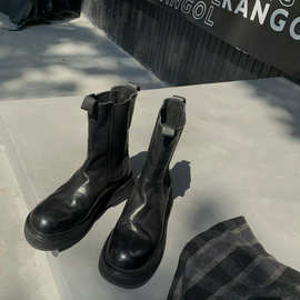 牛皮版~马丁靴 索菲亚小姐～褶皱设计圆头弹力一脚蹬切尔西靴女