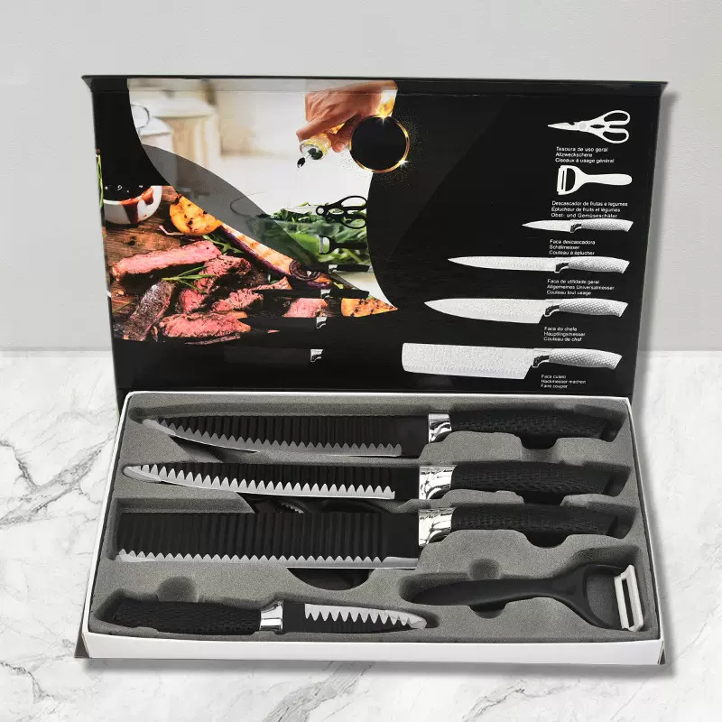厂家现货网纹柄波浪纹六件套刀黑白彩色礼盒装不锈钢厨房刀具套装