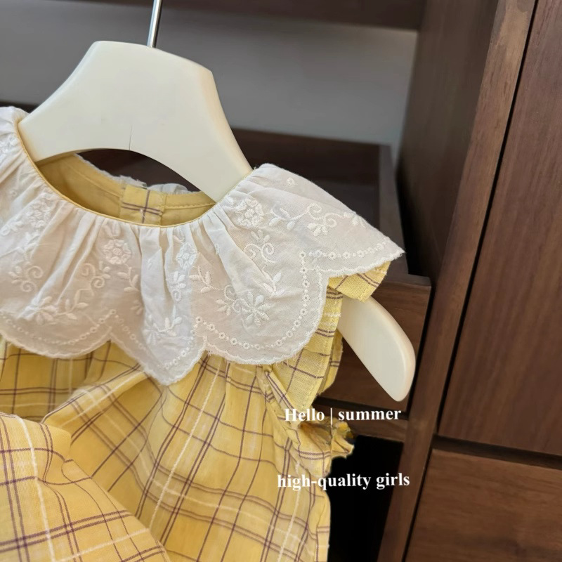 [Xianning Seven] ¡A cuadros amarillos retro franceses! Vestido de falda bordada de solapa bordada de bebé Xiaofei de moda