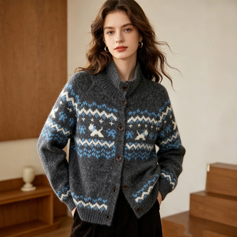 European and American Style Fair Isle Jacquard Sweater Coat for Women, Mohair Texture, High-Neck Cardigan, Autumn and Winter Cross-Border Hot-Selling Knitwear European and American Style Fair Isle Jacquard Sweater Coat for Women, Mohair Texture, High-Neck Cardigan, Autumn and Winter Cross-Border Hot-Selling Knitwear