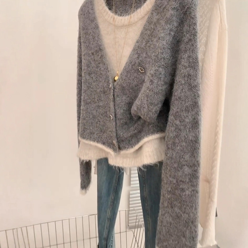 韩系慵懒风灰色假两件针织开衫毛衣女秋冬小众高级感超好看上衣潮|undefined