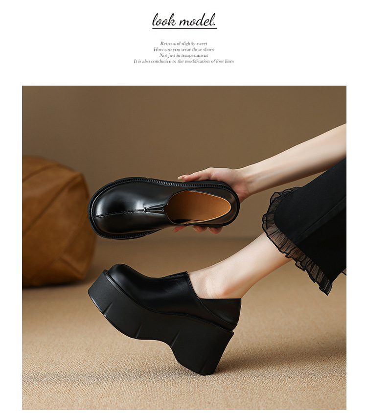 Giày loafer nữ đế xuồng platform da bò cao cấp gót 9 cm — màu đen, màu trắng ngà chi tiết 5