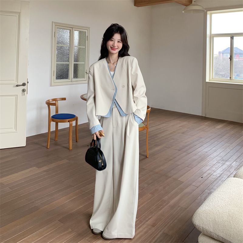 假两件西装阔腿裤套装女春秋2025新款两件套韩系休闲百搭ootd穿搭|undefined