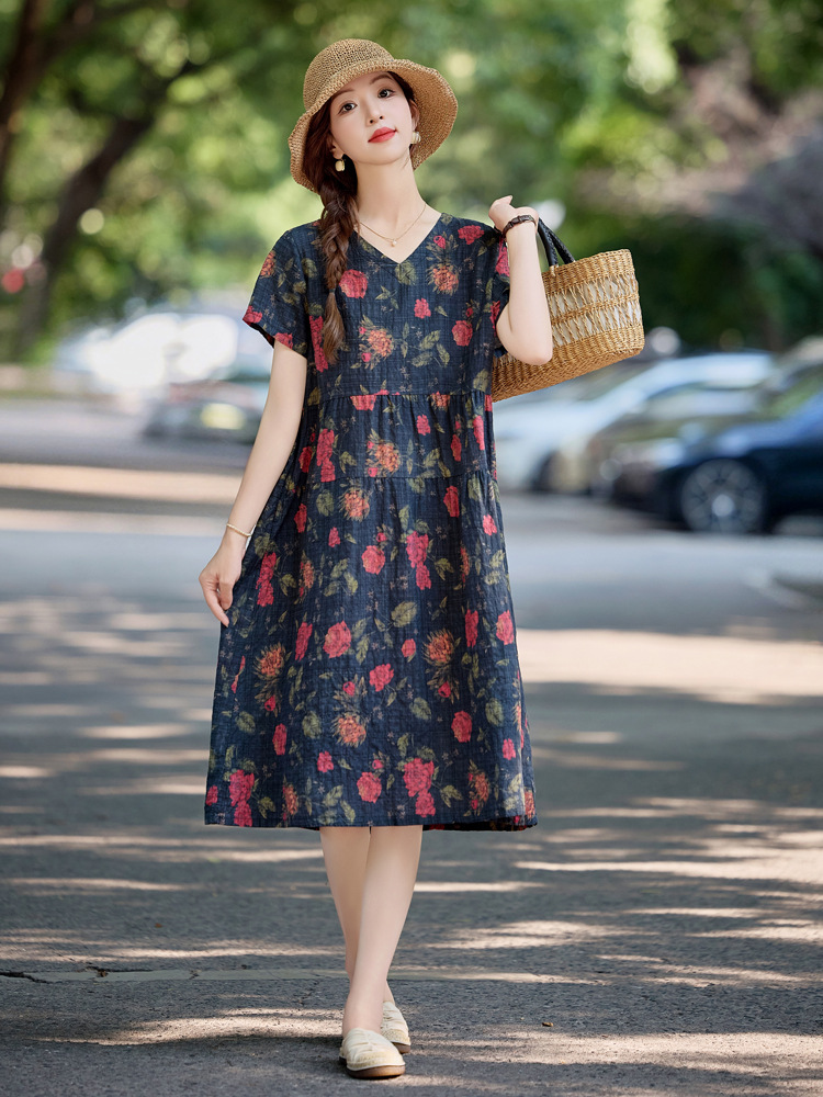 Đầm maxi nữ cotton linen in họa tiết thắt eo 2025 — Màu ảnh 03, Màu ảnh 04, Màu ảnh 01, Màu ảnh 02