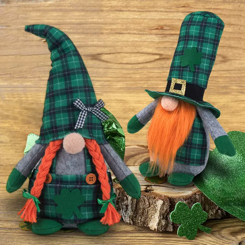 跨境格子鲁道夫圣帕特里克节公仔无脸娃娃装饰品站姿侏儒橱窗摆件