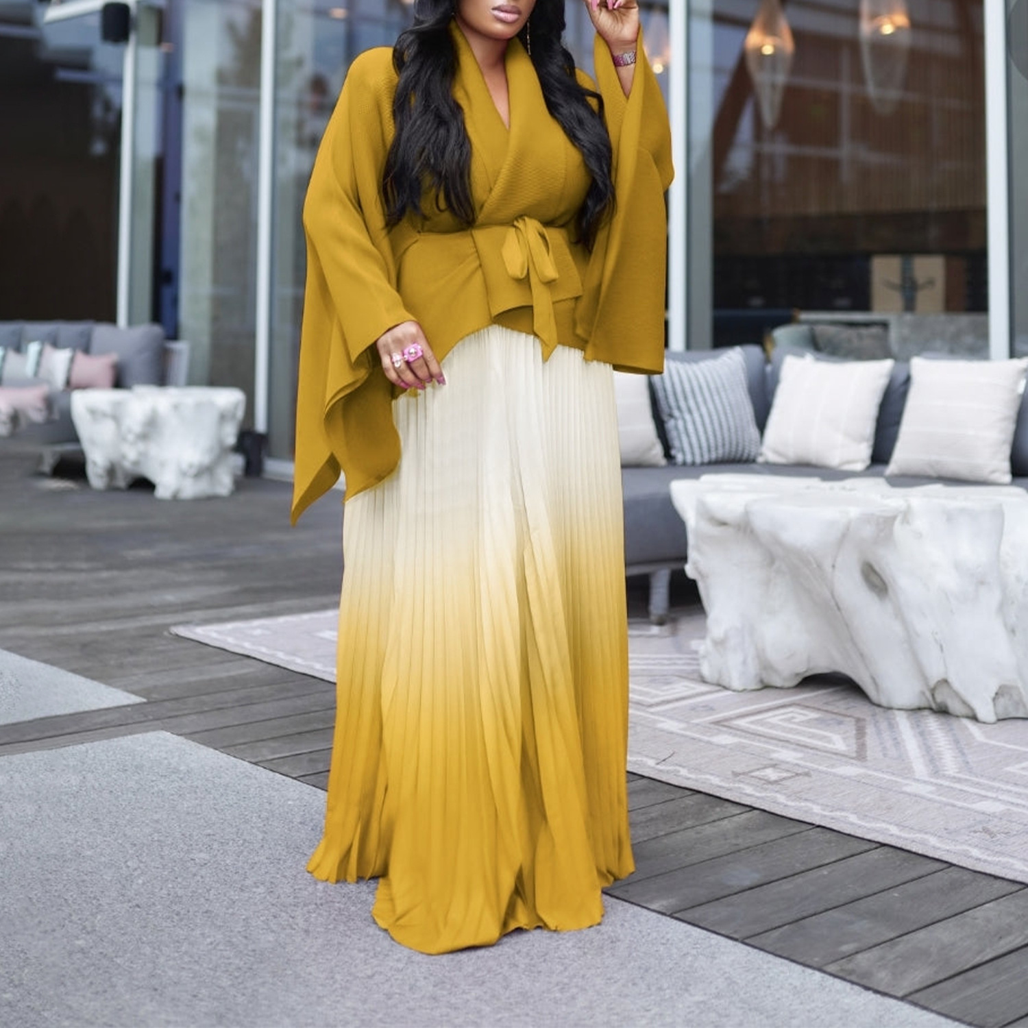 Damenbekleidung plissierter unregelmäßiger Schnürer oben mit Farbverlaufsrock zweiteiliger Anzug_voghion.com