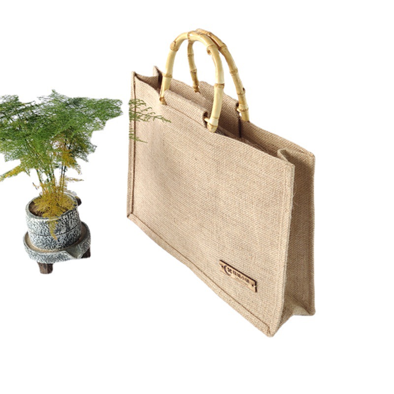 厂家简约复古粗黄麻布包覆膜手提礼品购物袋竹节手提麻布袋制定lo