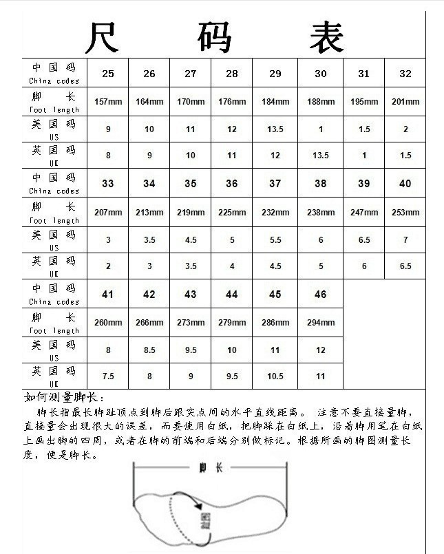儿童尺码表