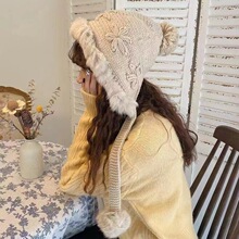可爱2023新仙女球兔毛绒针织帽女秋冬包头帽保暖护耳毛线帽子兜帽