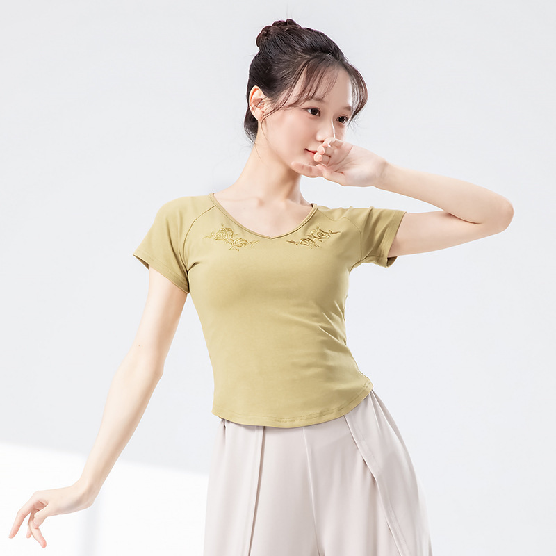 女性のためのモダンダンス服夏の新しいスリム半袖プリント毎日の練習ボディスーツ中国のダンス服トップ|undefined