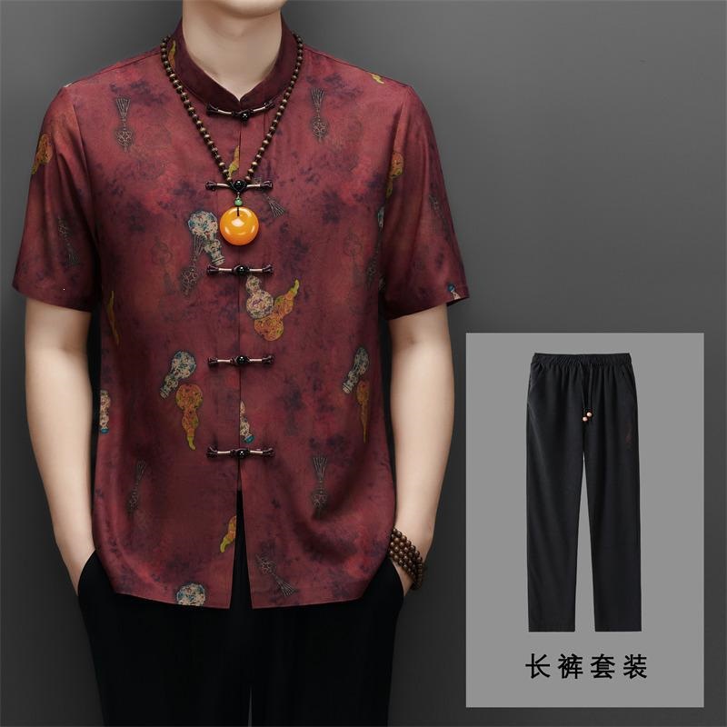2026 Summer Short-Sleeved Tang Suit Two-Piece Set for Men, Casual Style, Middle-Aged and Elderly, Short-Sleeved Shirt and Trousers, Dad's Outfit, Grandpa's Outfit